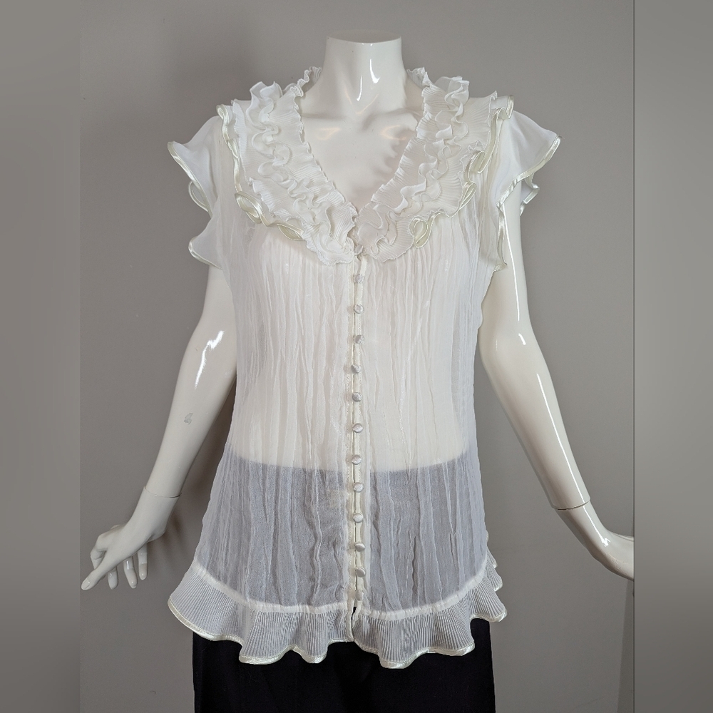 Y2K Ruffle Sheer Blouse – White Button Front – Coquette Fairycore Top – Size M